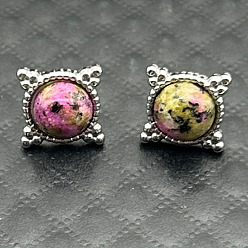Серебро Серьги-гвоздики из сплава с натуральным тигровым глазом и цветком, серебряные