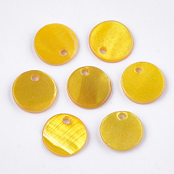 Gold Freshwater Shell Charms, Dyed, Flat Round, Gold, 10x1.5~2mm, Hole: 1.5mm