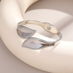 Stainless Steel Color 304 Stainless Steel Crystal Rhinestone Leaf Open Hinged Cuff Bangles for Women, Stainless Steel Color, Inner Diameter: 1.85 inch(4.7cm)x2.52 inch(6.4cm)