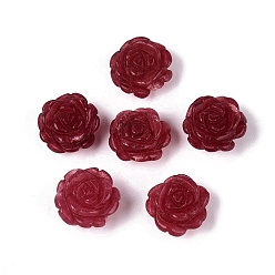 Rouge Foncé Perles sculptées en jade blanc naturel teinté, fleur rose, la moitié foré, rouge foncé, 10x10x5.5~6mm, Trou: 0.9~1mm