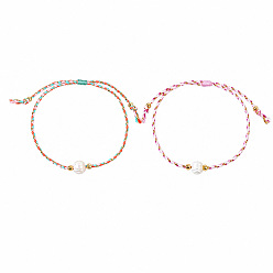 Mixed Color 2 Colors Summer Natural Freshwater Pearl Round Beads Braided Cotton Cord Bracelet Sets for Women, Boho Adjustable Stackable Bracelets, Golden, Mixed Color, 11.02 inch(28cm), 2pcs/set