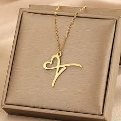 Letter T 304 ожерелья с подвеской в форме сердца из нержавеющей стали для женщин и мужчин, золотые, Письмо T, 15.75~17.72 дюйм (40~45 см)