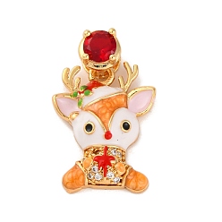Other Animal Рождественские тематические латунные подвески с микропаве и кубическим цирконием, без никеля , с эмалью, реальный 18 k позолоченный, лось, 19.5x15.5x5 мм, отверстие : 4.5x2.5 мм