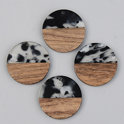 Black Resin & Walnut Wood Pendants, Flat Round, Black, 28x3mm, Hole: 2mm