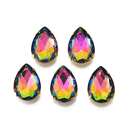 Золотистый Шить на горный хрусталь, многожильных ссылки, стекло горный хрусталь, с позолотой 201 зубцы из нержавеющей стали, аксессуары для одежды, граненые, слеза, золотые, 18x13x6.5 мм, отверстие : 1 мм