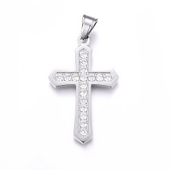 Нержавеющая Сталь Цвет 304 подвески из нержавеющей стали, с кубического циркония, крестик, прозрачные, цвет нержавеющей стали, 45x28x2.5 мм, отверстие : 5x8 мм