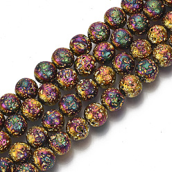 Mixed Color Electroplated Natural Lava Rock Beads Strands, Round, Bumpy, Mixed Color, 10.5mm, Hole: 1mm, about 39pcs/Strand, 15.55 inch(39.5cm)