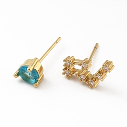 Рак Асимметричные серьги созвездия из кубического циркония, серьги из настоящего латуни с позолотой 18 к золоту, без кадмия и без свинца, рак, 8x13.5 мм, 6x6 мм, штифты : 0.7 мм