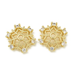 Настоящее золото 18K Покрытие стойки латунь микро паве прозрачные колпачки из кубического циркония, долговечный, без свинца и без кадмия, цветок, реальный 18 k позолоченный, 13x14x3 мм, отверстие : 1.8 мм
