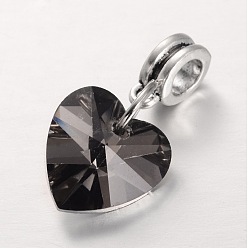 Темно-Серый Европейские подвески из сплава с большими отверстиями, с гальваническим стеклянными подвесками сердца, античное серебро, темно-серый, 25 мм, отверстие : 5 мм