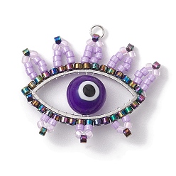 Индиго Подвеска из стекла и лэмпворка, с 304 нержавеющей стали, глаз, с целью перехода в кольце, индиговые, 28x36x10 мм