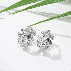 Платина Серьги-кольца из латуни с прозрачным кубическим цирконием, лист, платина, 13x7.5 мм