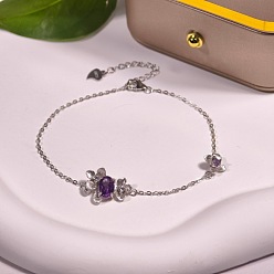 Фиолетовый 925 браслеты из стерлингового серебра с кубическим цирконием и кварцем, браслеты-цепочки для женщин, цветок, серебряные, фиолетовые, 5.91 дюйм (15 см)