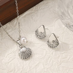 Платина Ожерелье с подвеской в форме ракушки из сплава и пластика с жемчугом и хрустальными стразами и серьга-гвоздик, 460 мм и 14.5x16 мм