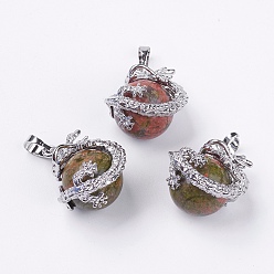 Унакит Природные подвески Unakite, с латунной фурнитурой , дракон, платина, без кадмия и без свинца, 26~27x22x17~18.5 мм, отверстие : 4x8.5 мм