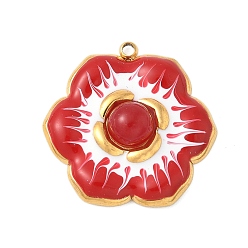 (123L) Белый крем непрозрачный блеск Крашеные натуральный белый нефрит подвески, подвески-цветы из эмали из нержавеющей стали, реальный 18 k позолоченный, огнеупорный кирпич, 22x22x5.5 мм, отверстие : 1.4 мм