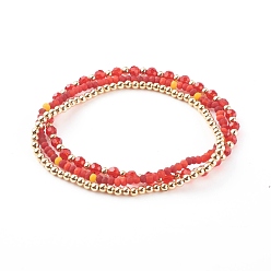Red Glass & Brass Stretch Beaded Bracelets Sets, Stackable Bracelets, Round & Rondelle, Golden, Red, Inner Diameter: 2 inch(5cm), 2 inch(5.2cm), 2-1/8 inch(5.4cm), 3pcs/set