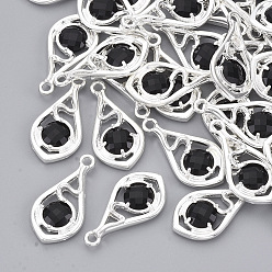 Black Faceted Glass Pendants, with Eco-Friendly Alloy Open Back Settings, Nickel Free, Teardrop, Silver Color Plated, Black, 21x11x3.5mm, Hole: 1.6mm