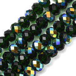 Темно-Зеленый Гальванизируйте прозрачное стекло бисер нитей, рондель, с покрытием AB цвета, с половиным покрытием, граненые, темно-зеленый, 8x6 мм, отверстие : 1.2 мм, около 78~80 шт / нитка, 6.89~19.02'' (47.5~48.3 см)