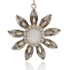 Blanc Fumé Plaqué argent antique alliage chat fleurs des yeux grands pendentifs, avec strass cristal, fumée blanche, 63x58x12mm, Trou: 3mm