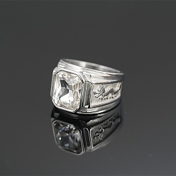 Прозрачный Прямоугольные кольца из нержавеющей стали с кубическим цирконием для мужчин., рисунок дракона, цвет нержавеющей стали, прозрачные, размер США 304 (10 мм)