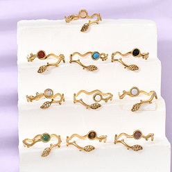 Mixed Stone 304 Stainless Steel Cuff Open Rings for Women, Leaf, with Natural & Synthetic Gemstone, Ion Plating(IP), Golden, 12mm, US Size 7 1/2(17.7mm)