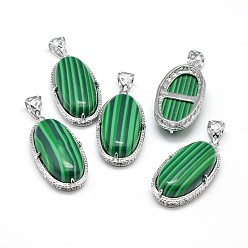 Malachite Oval Platinum Plated Brass Natural Malachite Pendants, Cadmium Free & Lead Free, 37x19x10mm, Hole: 5x8mm