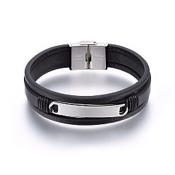 Stainless Steel Color Leather Cord Multi-strand Bracelets, with 201 Stainless Steel Clasp, Rectangle, Stainless Steel Color, 8-1/4 inch(21cm), 16x3~5.5mm
