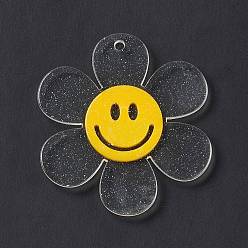 Mixed Color Transparent Acrylic Big Pendants, Sunflower with Smiling Face Charm, Mixed Color, 55x50.5x6mm, Hole: 2.5mm