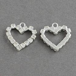 Crystal Shining Heart Brass Grade A Crystal Rhinestone Pendants, Silver Color Plated, Crystal, 19x17x2.5mm, Hole: 2mm