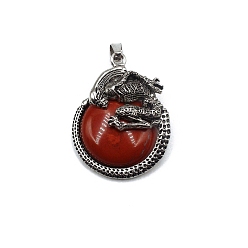 Red Jasper Natural Red Jasper Pendants, with Antique Silver Alloy Finding, Flat Round with Skull Charms, 40x35mm