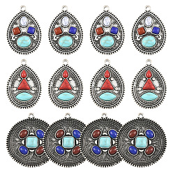 Antique Silver 12Pcs 3 Styles Alloy with Dyed Synthetic Turquoise Pendants, Flat Round and Teardrop Charms, Mixed Color, Antique Silver, 36.5~41x25~38x4.5~5mm, Hole: 2.3~2.5mm, 4pcs/style