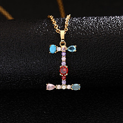 Letter I Ожерелья с подвесками-инициалами из латуни и разноцветными кубическими цирконами для женщин, золотые, Буква "i", 19.69 дюйм (50 см)