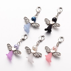 (52) Непрозрачная лаванда Стекло жемчуг подвеска, Сплавочные овальные бусины тибетского стиля , Прозрачные акриловые бусины, с застежкой омар коготь, прекрасное свадебное платье ангел болтаться, античное серебро, разноцветные, 42x29x11 мм