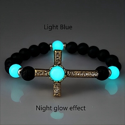 Голубой Браслеты из натуральных светящихся бусин из лавового камня, светится в темноте, античное золото, крест крест, голубой, внутренний диаметр: 2-1/8 дюйм (5.5 см)