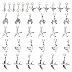 Platino 36piezas 6estilos decoraciones colgantes de pájaros de aleación, con cierre de langosta, Platino, 25~43 mm, 6 piezas / estilo