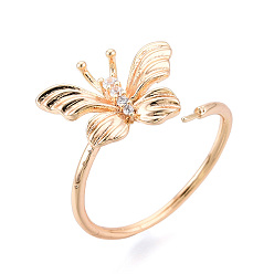 Настоящее золото 18K Оправы для колец-манжет в форме бабочки из латуни с микропаве из прозрачного кубического циркония, за половину пробурено бисера, без кадмия, без никеля и без свинца, реальный 18 k позолоченный, штифты : 0.7 мм, 11.3~13.8 мм, внутренний диаметр: 16.9~18 мм