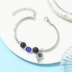 Hamsa Hand Zinc Alloy Charm Bangles for Women, with Handmade Evil Eye & Tibetan Style Alloy Bead Frames, Hamsa Hand, 5.71 inch(14.5cm), Pendant: 19.5x13x4mm