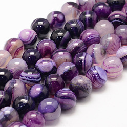 Фиолетовый Натуральные полосатые агатовые / полосатые агатовые нити, круглые, класс А, окрашенная и подогревом, фиолетовые, 12 мм, отверстие : 1 мм, около 31~33 шт / нитка, 14.5 дюйм