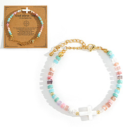 Разноцветный Браслеты из ракушек-столбиков, немагнитный гематитовый крестик для женщин, красочный, внутренний диаметр: 6-1/2 дюйм (16.5 см) ~ 6-3/4 дюйм (17 см)
