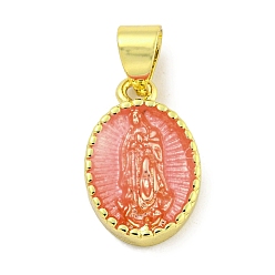 Коралловый Подвески из латуни с эмалью в стойку, долговечный, без свинца и без кадмия, реальный 18 k позолоченный, овал со святым шармом, коралл, 15x10x3 мм, отверстие : 5x3.5 мм
