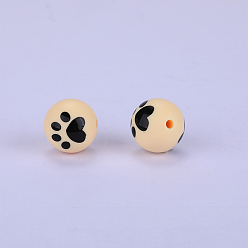 Wheat Printed Round with Paw Print Pattern Silicone Focal Beads, Wheat, 15x15mm, Hole: 2mm