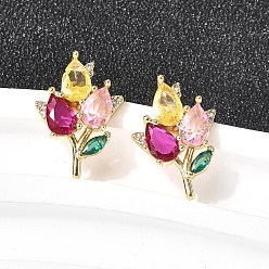 Настоящее золото 18K Серьги-гвоздики из латуни с микропаве и кубическим цирконием, стойки покрытие, долговечный, без кадмия и без свинца, реальный 18 k позолоченный, 17x12 мм