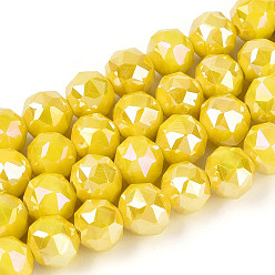 Желтый Нити из непрозрачных круглых бусин из стекла с покрытием цвета AB, граненые, желтые, 7.5~8.5x7~7.5 мм, отверстие : 1.2~1.6 мм, около 25~26 шт / нитка, 6.89~7.48'' (17.5~19 см)
