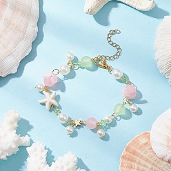 Starfish Synthetic Turquoise Beads Charm Bracelets, with Imitation Jade Glass & ABS Plastic Imitation Pearl Round Beads, Starfish, 7 inch(17.9cm)