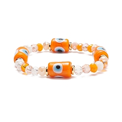 Dark Orange Column with Evil Eye Lampwork & Glass Beaded Stretch Bracelet for Women, Dark Orange, Inner Diameter: 1-7/8 inch(4.7cm)