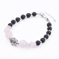 Rosenquarz Armbänder aus natürlichen Lavasteinen und Rosenquarzperlen, mit Messing-Karabinerhaken und tibetischen Perlen, Buddha-Kopf, 7-1/4 Zoll (185 mm)