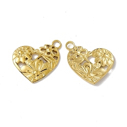 Golden PVD-Vakuumbeschichtung 304 Anhänger aus Edelstahl, Herz mit Blume, golden, 24x25x2.5 mm, Bohrung: 3 mm