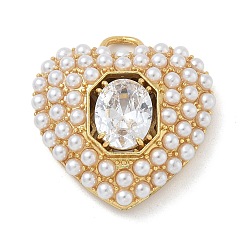 Настоящее золото 18K Стойка покрытие латунь микропаве прозрачный кубический цирконий с абс пластиковыми подвесками в виде жемчуга, долговечный, без свинца и без кадмия, сердце прелести, реальный 18 k позолоченный, 27x25x7 мм, отверстие : 3x5 мм