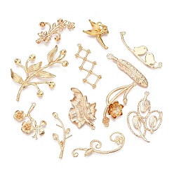 Настоящее золото 18K Латунные ассорти фурнитура, без кадмия, без никеля и без свинца, серия ветвей и листьев, реальный 18 k позолоченный, 30.5~52x6~36x2~10 мм, отверстие : 0.8~2 мм